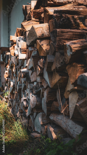 Stapel Brennholz vor Haus