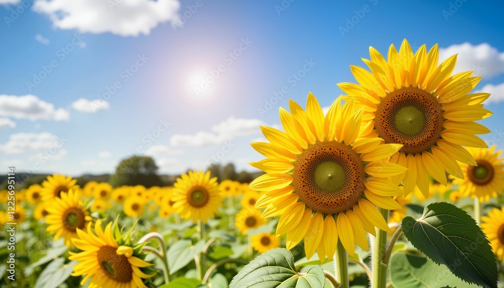 Golden sunflowers thriving in vibrant farm field under blue sky, natural beauty Golden sunflowers thriving in vibrant farm field under blue sky, natural beauty