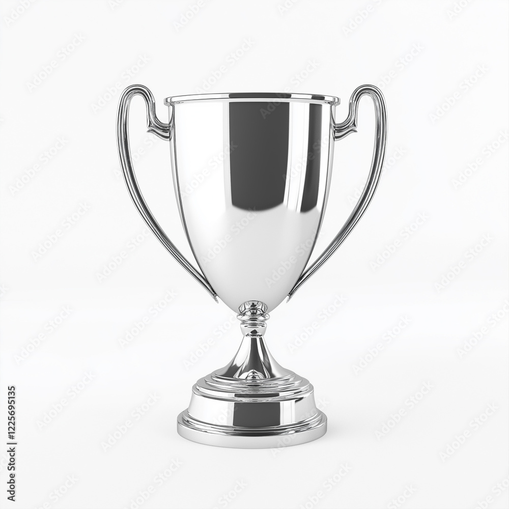 Shiny silver trophy cup with curved handles on a white background, award concept for achievement, competition, championship, and success in sports or business Shiny silver trophy cup with curved handles on a white background, award concept for achievement, competition, championship, and success in sports or business