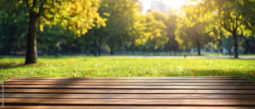 Fototapeta premium In an urban park, a wooden bench is positioned on a wooden floor, surrounded by a lush lawn. This inviting area provides a refreshing escape, ideal for a creative banner with plenty of room for text.