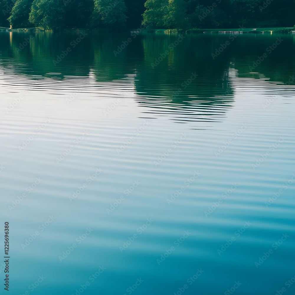 Serene Lake Water Reflection: Tranquil Green Trees and Ripples Serene Lake Water Reflection: Tranquil Green Trees and Ripples