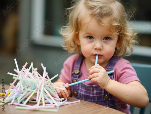 Little Girl Drinking with Straw and Pile of Discarded Plastic Straws photo