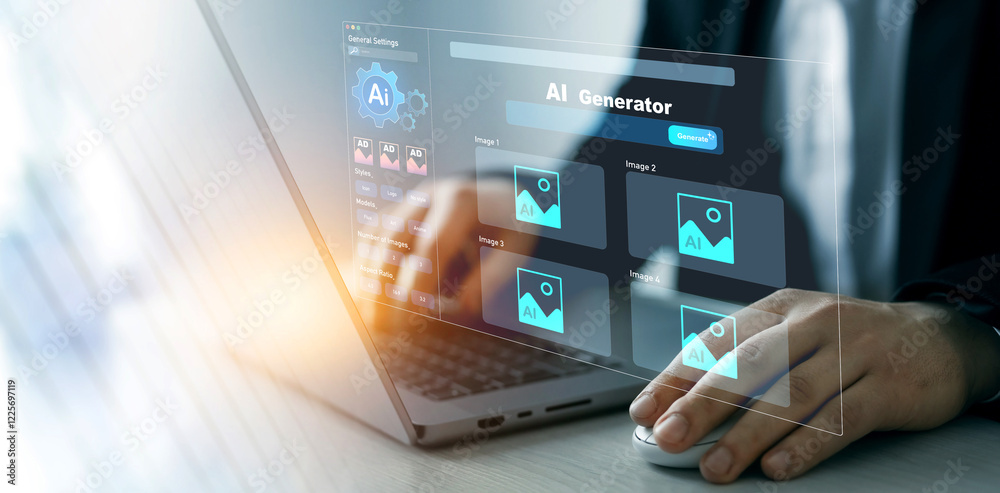 Person using AI software to generate images with futuristic platform user interface. Image AI generator conceptArtificial Intelligence Image Content Generator.AI image creation service technology. Person using AI software to generate images with futuristic platform user interface. Image AI generator conceptArtificial Intelligence Image Content Generator.AI image creation service technology.
