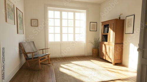 Wallpaper Mural Sunlit room with wooden floors, rocking chair, cabinet, and artwork. Torontodigital.ca