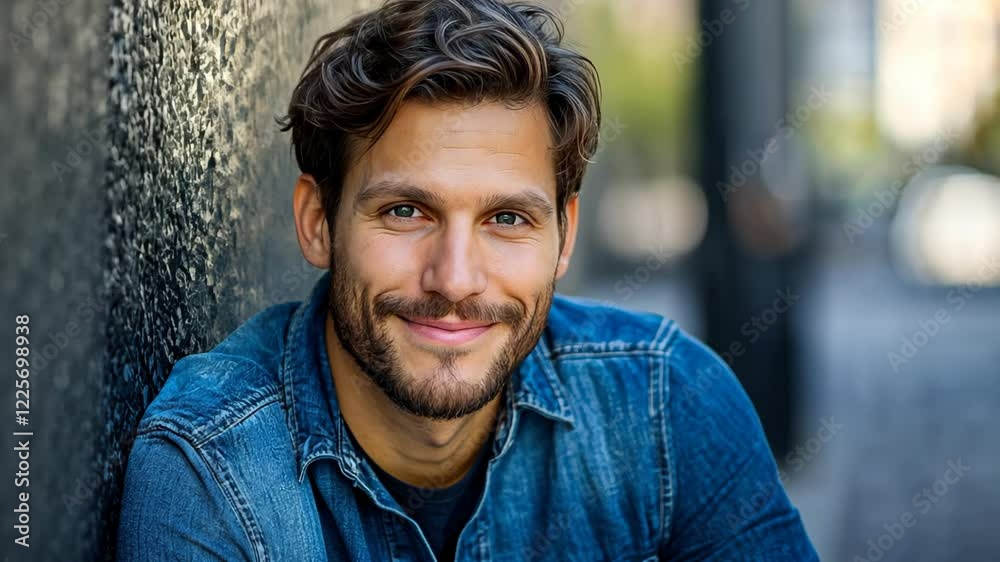 close up Caucasian man face portrait with calm and optimistic vibes, man smiling at city street close up Caucasian man face portrait with calm and optimistic vibes, man smiling at city street