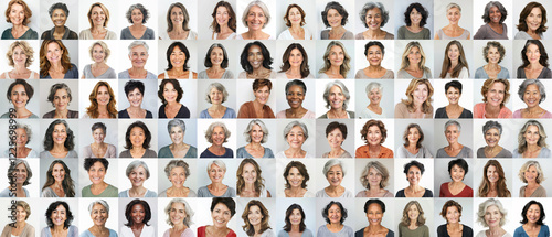 Middle Age Women - a grid of 84 unique square headshots of a variety of diverse, smiling, friendly mature female people against a white background - 88MP XXXL	
