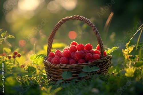 A wicker basket filled with ripe raspberries sits on green grass, illuminated by soft natural light