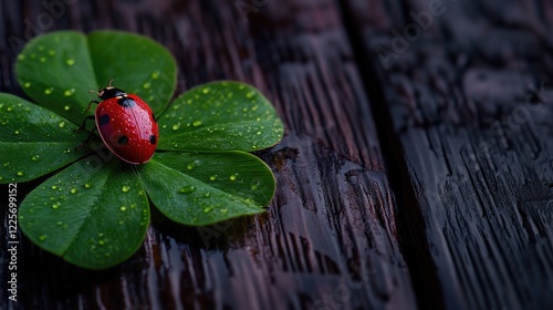 Ladybug on four-leaf clover, wood background, luck, nature