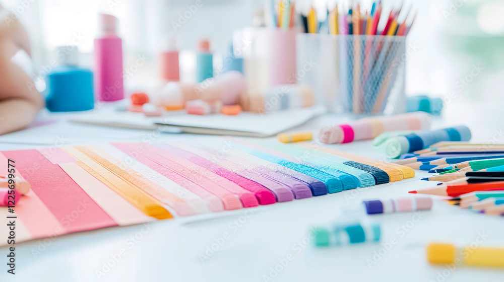 Obraz premium Pastel Color Palette with Art Supplies on Desk: Creative Workspace Scene