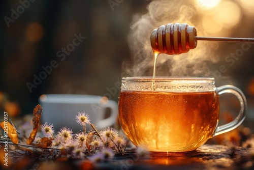 Close-up of a honey dipper drizzling honey into a steaming cup of tea, surrounded by autumn leaves and flowers photo