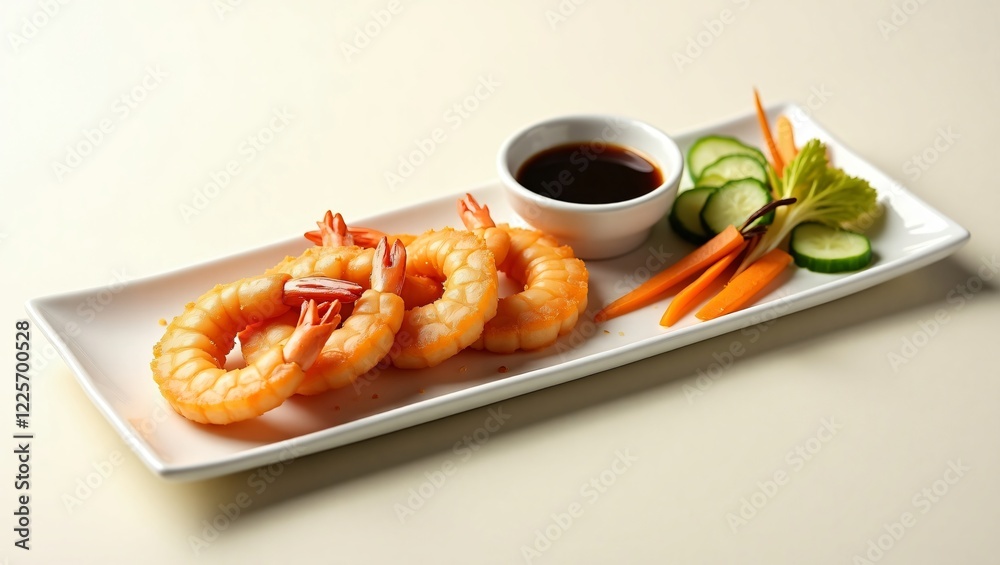 Crispy, golden fried prawns are artfully arranged on a rectangular plate with a soy dipping sauce and vibrant pickled vegetables, exuding rustic elegance and freshness. Crispy, golden fried prawns are artfully arranged on a rectangular plate with a soy dipping sauce and vibrant pickled vegetables, exuding rustic elegance and freshness.