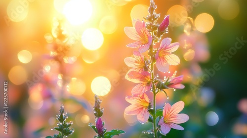 Close-up of delicate oregano flowers with soft bokeh background and warm sunlight illuminating the petals
