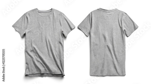 Front and back view of heather grey t-shirt isolated for product photography