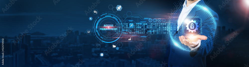 Access Management: Businessman holding authentication icon and data exchanges representing secure connection on city background, identity verification, user control, role-based access, cybersecurity. Access Management: Businessman holding authentication icon and data exchanges representing secure connection on city background, identity verification, user control, role-based access, cybersecurity.