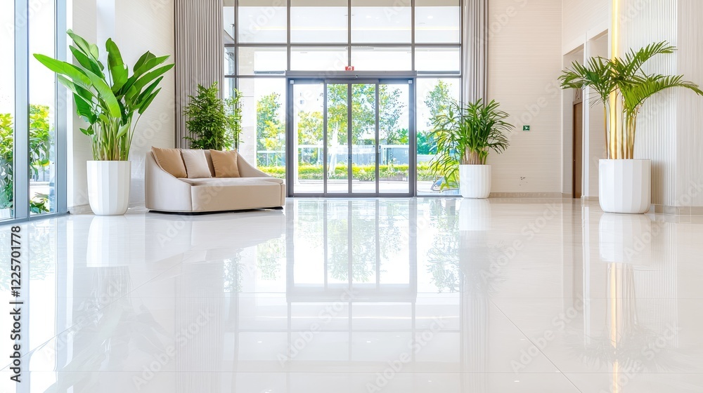 Fototapeta premium Modern hotel lobby with a comfortable sofa and green potted plants reflected on a polished white floor during daytime.