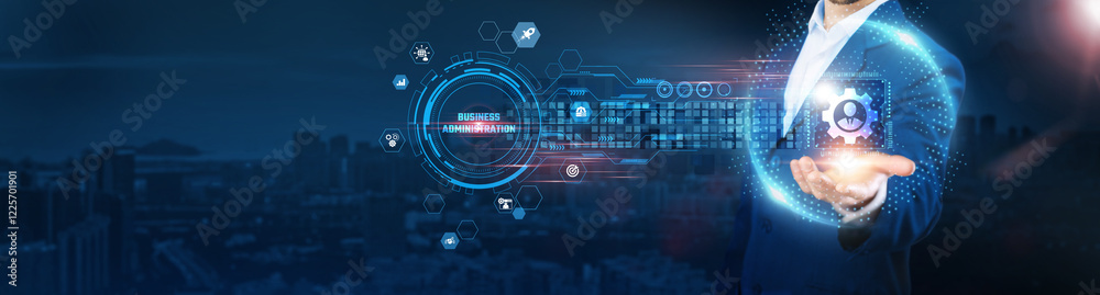 Business Administration: Businessman holding management icon and data exchanges symbolizing efficient connection on city background, strategic planning, decision-making, organizational efficiency Business Administration: Businessman holding management icon and data exchanges symbolizing efficient connection on city background, strategic planning, decision-making, organizational efficiency