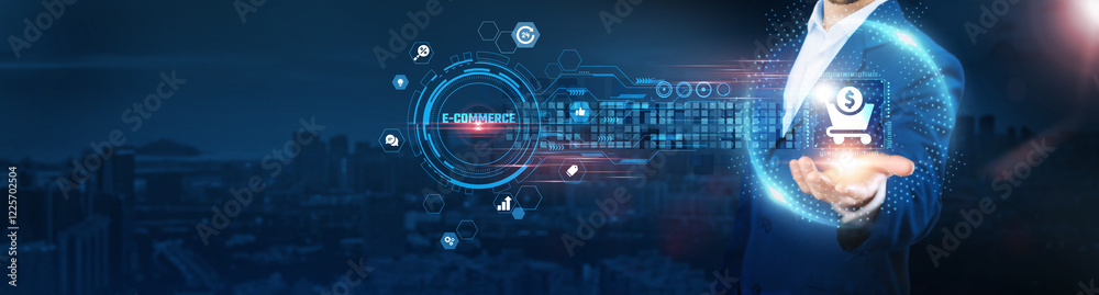 E-commerce: Businessman holding shopping cart icon and data exchanges representing secure connection on city background, online transactions, digital storefronts, payment gateways. E-commerce: Businessman holding shopping cart icon and data exchanges representing secure connection on city background, online transactions, digital storefronts, payment gateways.