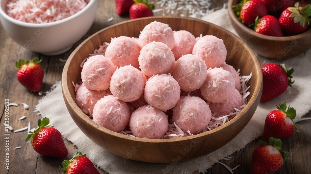 Homemade Strawberry Shortcake Protein Bites in a Rustic Wooden Bowl Homemade Strawberry Shortcake Protein Bites in a Rustic Wooden Bowl