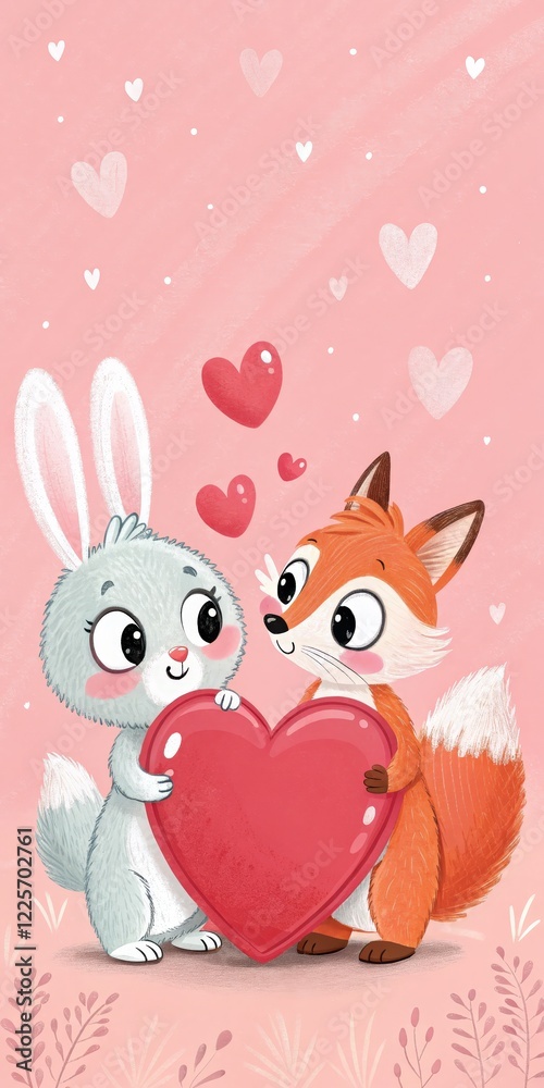Adorable Bunny and Fox Sharing a Heart: Valentine's Day Illustration Adorable Bunny and Fox Sharing a Heart: Valentine's Day Illustration