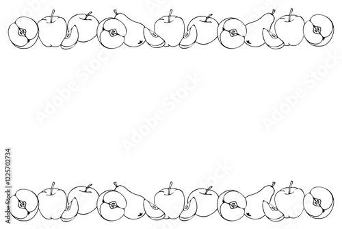 frame of apples and pears along the top and bottom edges, on a white background. contour drawing.