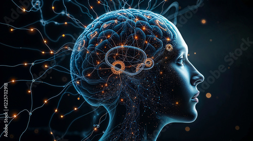 Surreal digital art, ethereal and spiritual, human form interacting with an intricate AI brain processor. Use of light and shadow, glowing textures, fantastical elements, in a dark background.