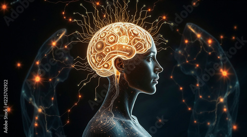 Surreal digital art, ethereal and spiritual, human form interacting with an intricate AI brain processor. Use of light and shadow, glowing textures, fantastical elements, in a dark background.