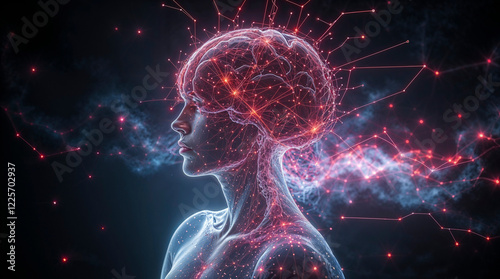 Surreal digital art, ethereal and spiritual, human form interacting with an intricate AI brain processor. Use of light and shadow, glowing textures, fantastical elements, in a dark background.