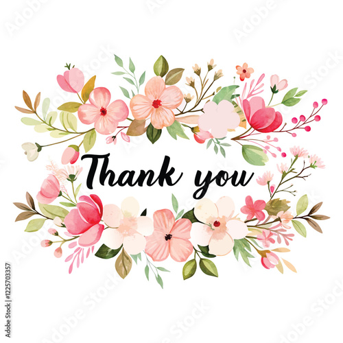 Pink watercolor floral background design with Thank you text