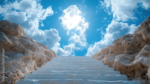 Sunlit stone stairs ascend to bright sky