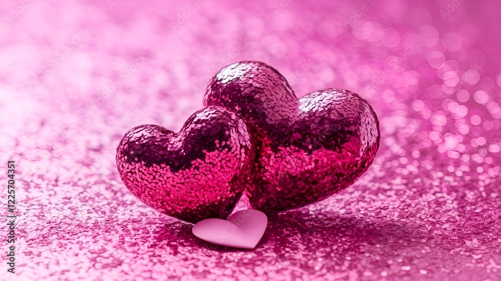 Obraz premium Valentine's Day Idea: Two Hearts on a Shiny Background with Pink Glitter