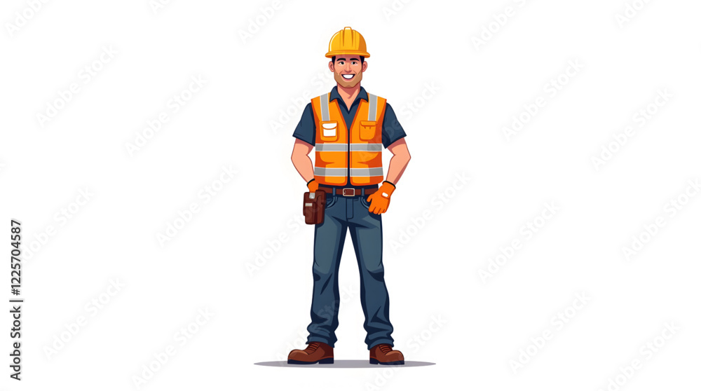 Confident construction worker standing with his arms crossed, wearing a bright orange safety vest and a hard hat. His attire includes protective gear such as work boots, tool belts, and a long-sleeved
