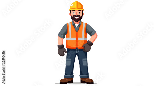 Confident construction worker standing with his arms crossed, wearing a bright orange safety vest and a hard hat. His attire includes protective gear such as work boots, tool belts, and a long-sleeved