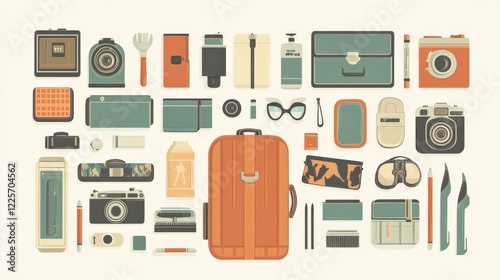 Collection of vintage travel accessories and photography equipment on a light background photo