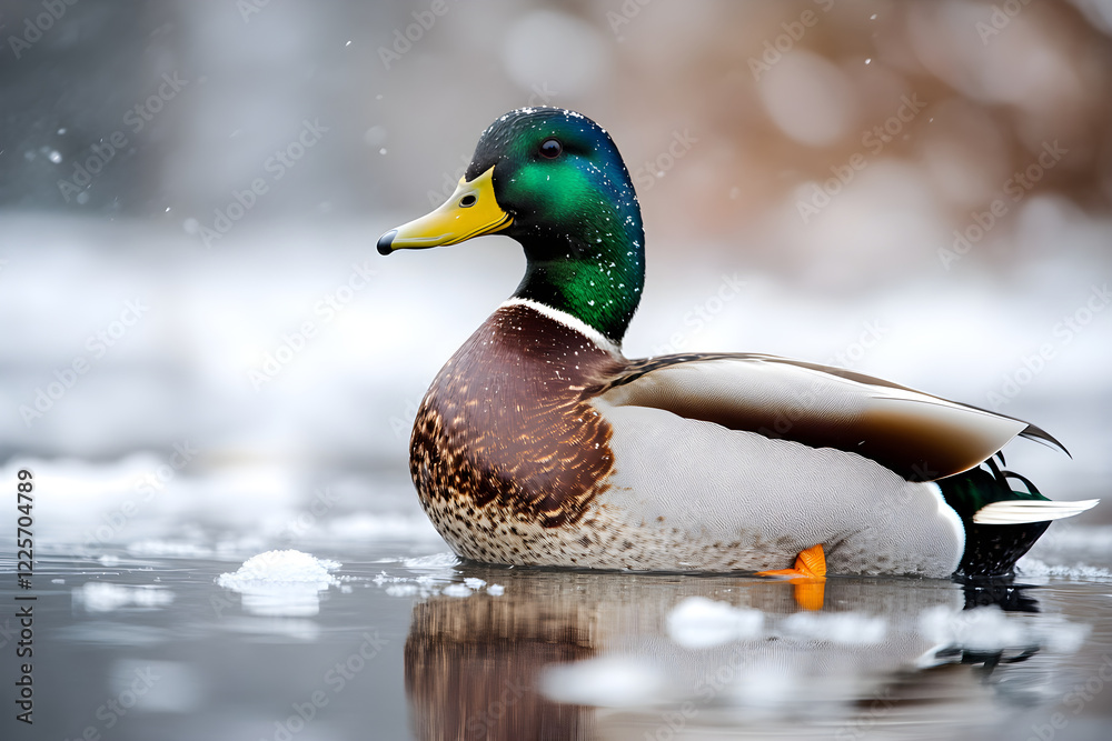 Fototapeta premium Majestic Mallard: Serenity Amidst Snow-Covered Waters on a Winter Day