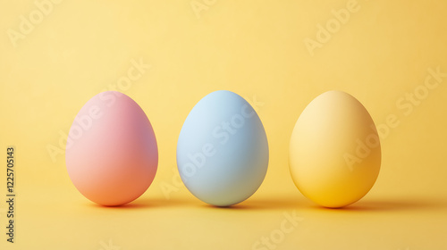 Minimalist composition of three pastel eggs aligned symmetrically on a soft yellow background