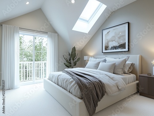 Master bedroom in a new bungalow light grey walls cream-colored carpet white drapes small balcony sloped ceiling with skylights uncluttered bed garden view