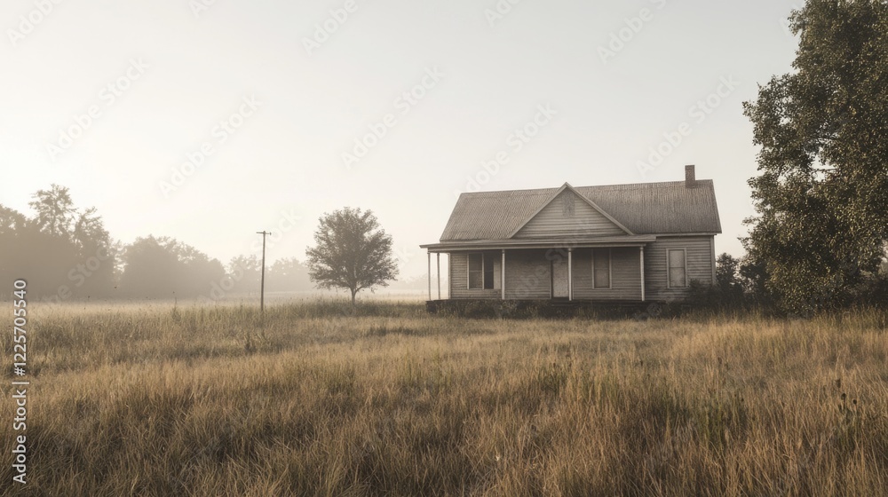 Foggy morning view of a rustic farmhouse in a field. Foggy morning view of a rustic farmhouse in a field.