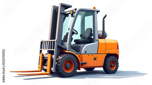Modern forklift, a type of industrial vehicle used primarily in warehouses and construction sites for lifting and transporting heavy loads. The forklift is painted in a bright orange color