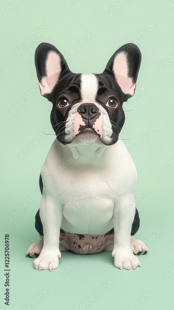 Fototapeta premium Curious french bulldog portrait pastel mint green background children's fabric art whimsical adorable detail