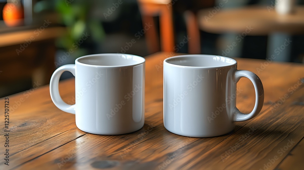 Two white ceramic coffee mugs placed on rustic wooden table surface with soft natural lighting and blurred cafe background, creating cozy morning atmosphere. Two white ceramic coffee mugs placed on rustic wooden table surface with soft natural lighting and blurred cafe background, creating cozy morning atmosphere.