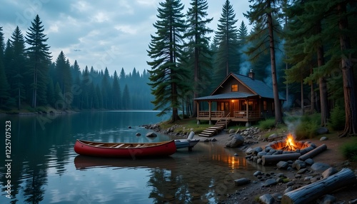 Fototapeta Naklejka Na Ścianę i Meble -  Cabin by a serene lake surrounded by pine trees with a glowing campfire