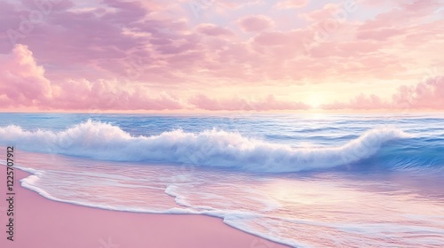 A tranquil beach at dawn with soft waves lapping the shore and the sky painted in shades of pink and purple 