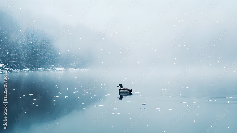 Fototapeta premium Majestic Mallard: Serenity Amidst Snow-Covered Waters on a Winter Day
