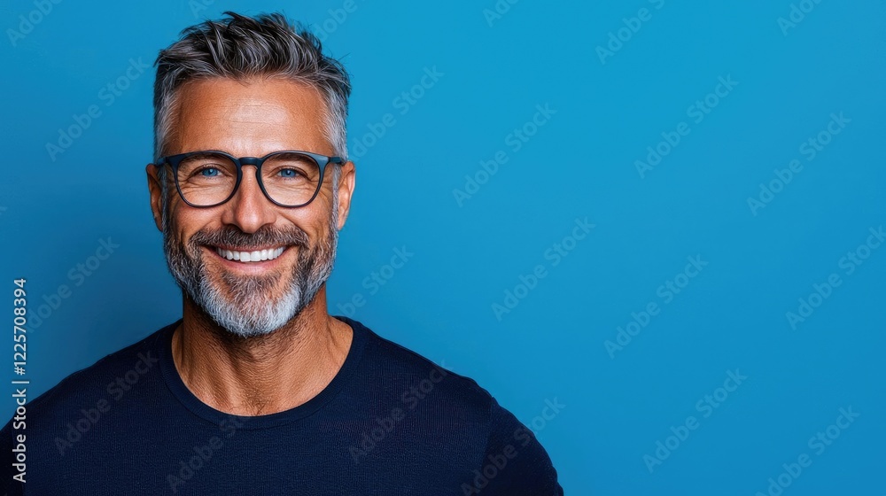 Obraz premium Smiling mature man, blue background, portrait, website banner