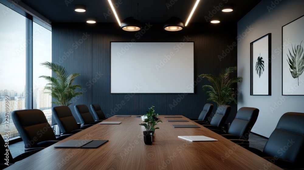 Modern conference room, city view, meeting table, blank screen Modern conference room, city view, meeting table, blank screen