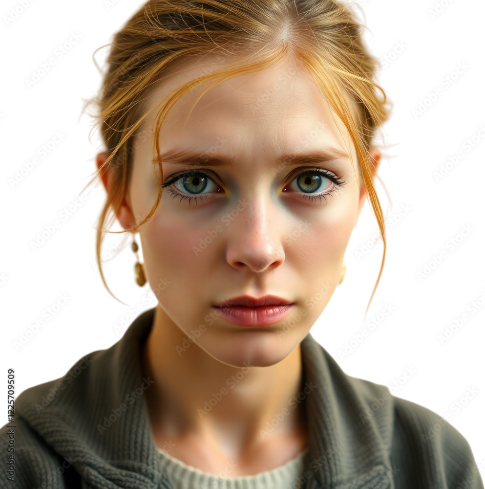 Sad young German woman isolated on transparent background