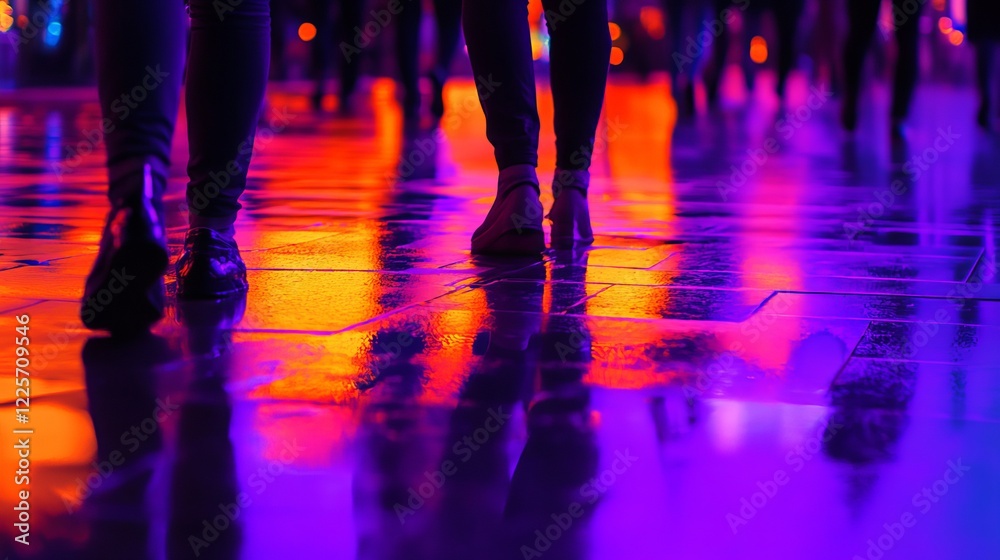 Fototapeta premium dynamic silhouettes of people and reflections of light on wet asphalt