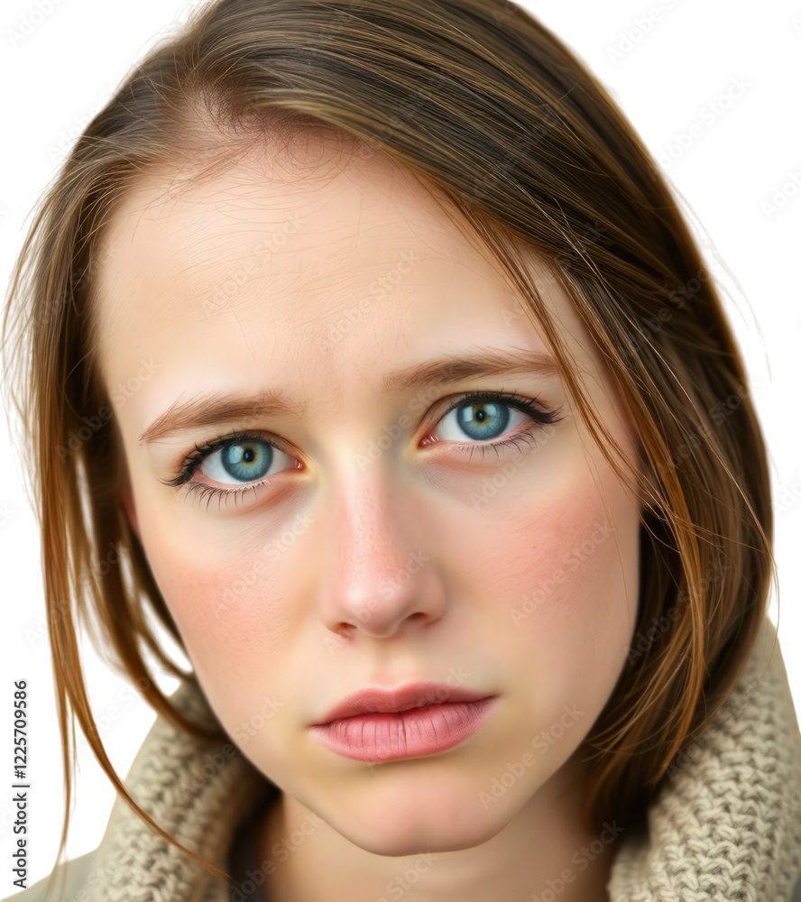 Sad young German woman isolated on transparent background