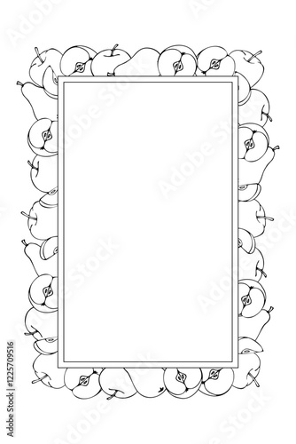 vertical frame of black and white apples and pears, hand drawn in cartoon style. Outline drawing.