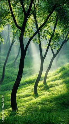 Misty dawn light filters through trees in tranquil forest scene nature eye-level perspective